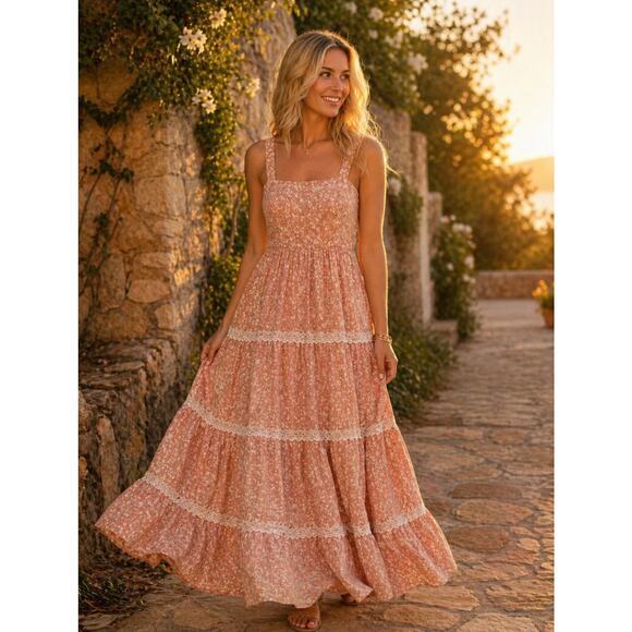 Aura Dresses & Skirts - Aura Floral Eyelet Lace Sleeveless Tiered Maxi Dress Pink Pockets Size XS